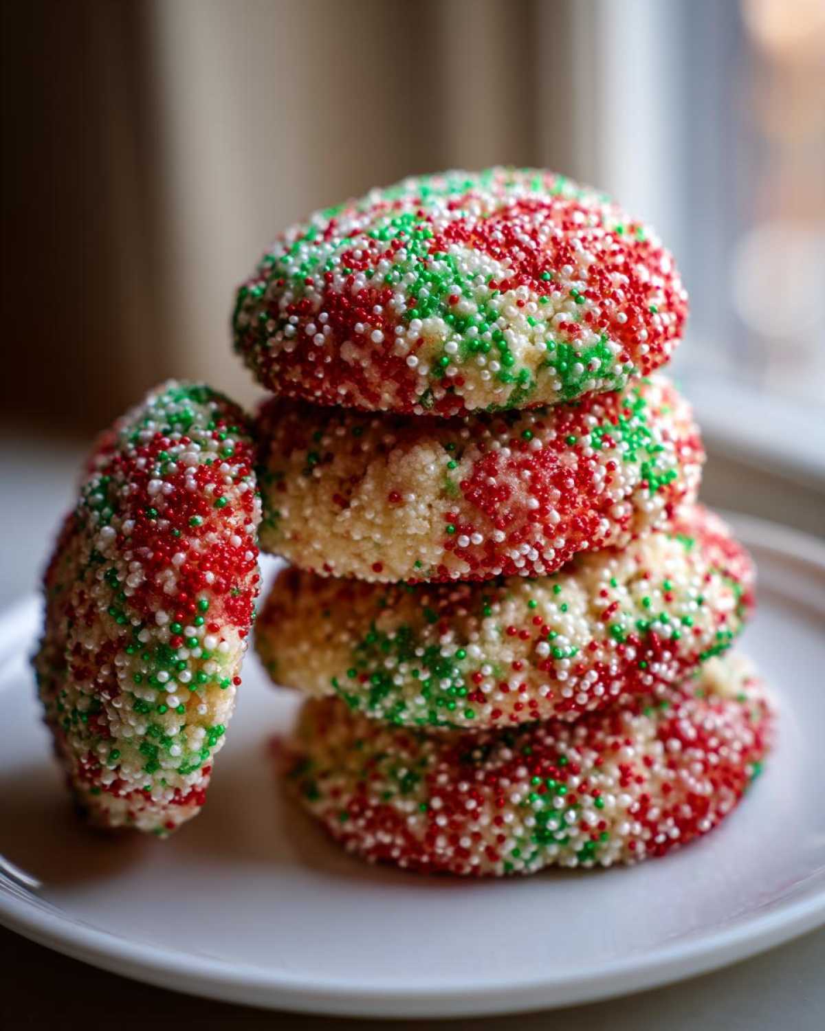A stack of five soft Christmas sprinkle cookies coated heavily in red, green, and white nonpareils.