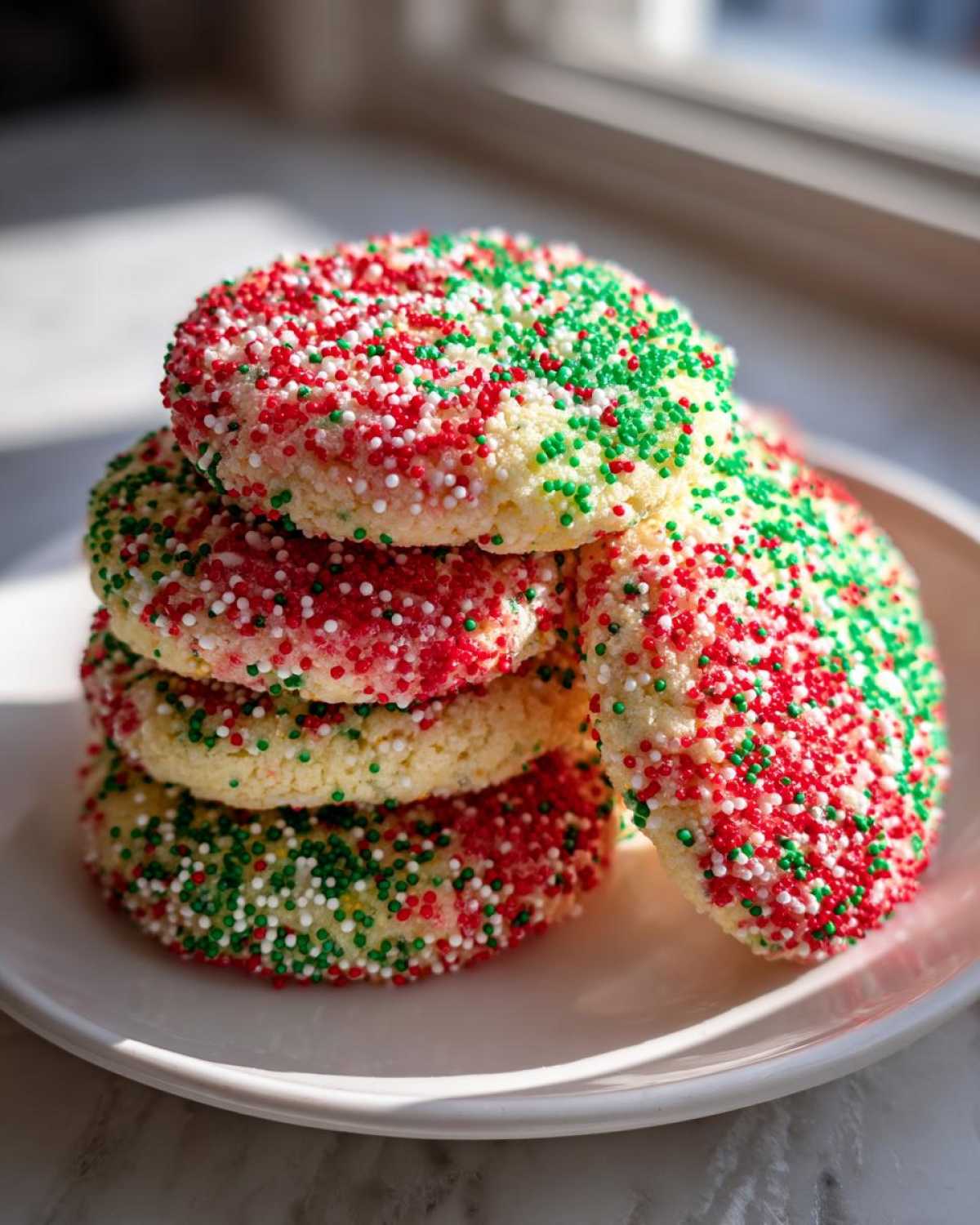 A stack of soft, round christmas sprinkle cookies covered in festive red, green, and white nonpareils.