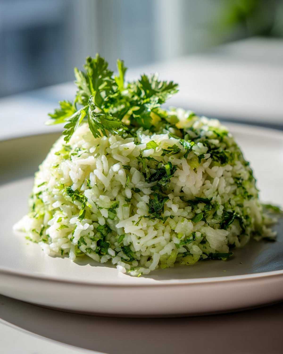 A mound of bright, fluffy cilantro lime rice garnished with fresh cilantro sprigs on a light plate.