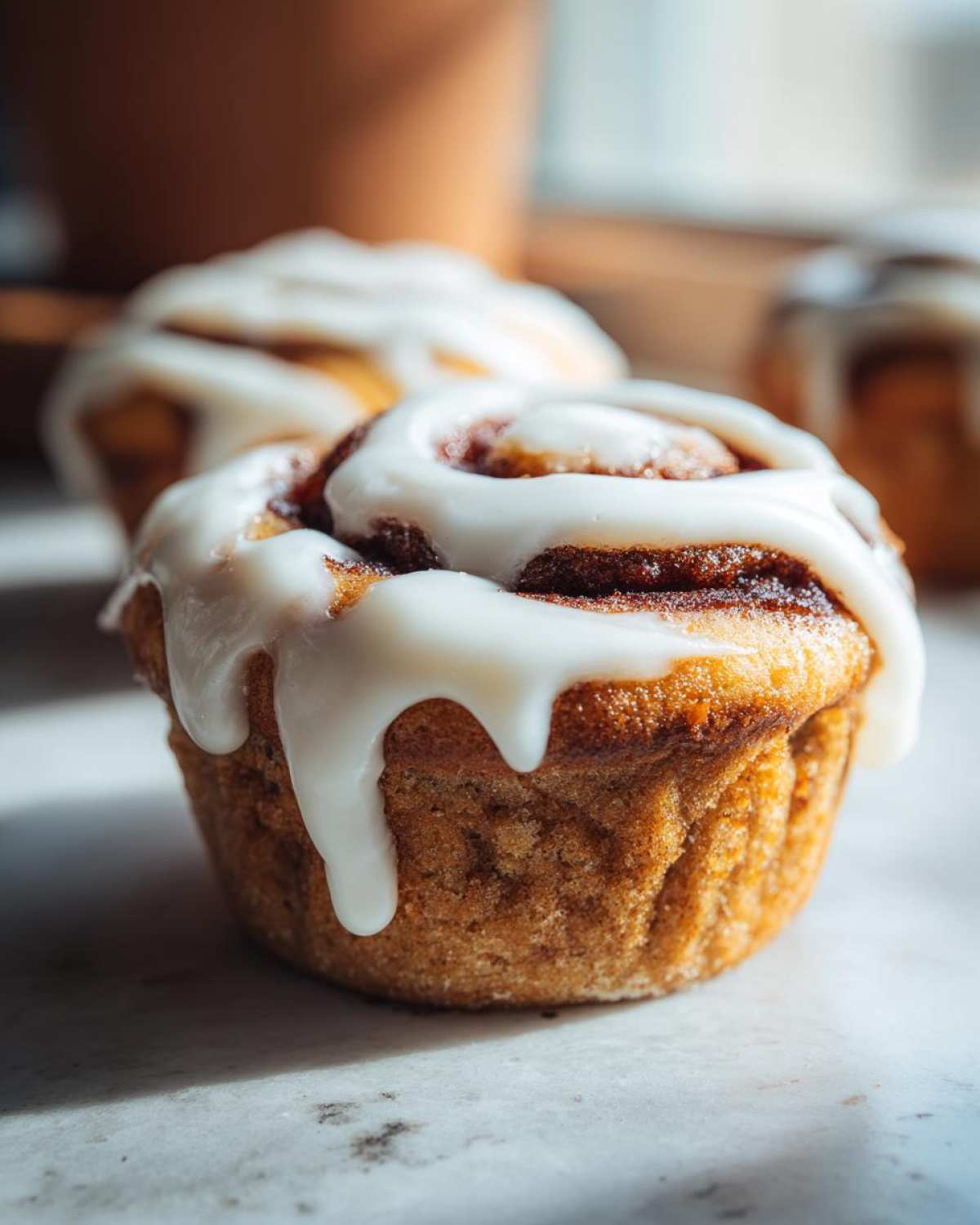 A close-up of a moist cinnamon roll muffin topped with thick, dripping white icing.