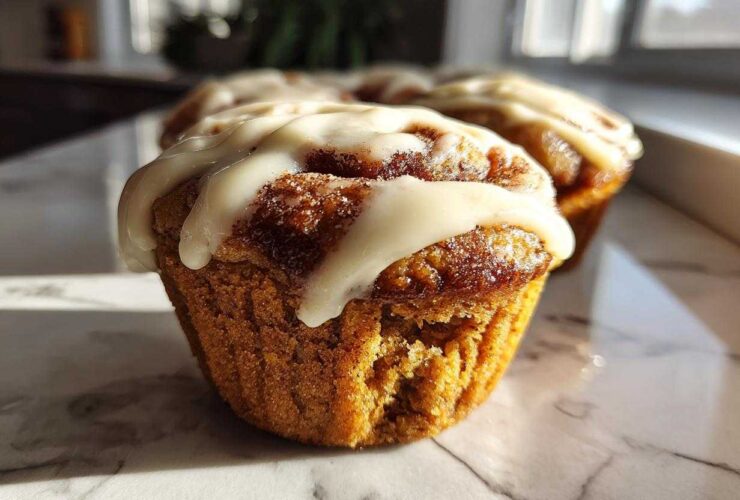 A close-up, low-angle shot of a freshly baked cinnamon roll muffin topped with thick white icing.