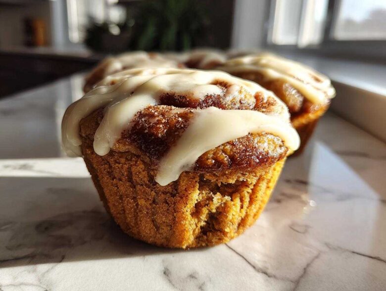 A close-up, low-angle shot of a freshly baked cinnamon roll muffin topped with thick white icing.