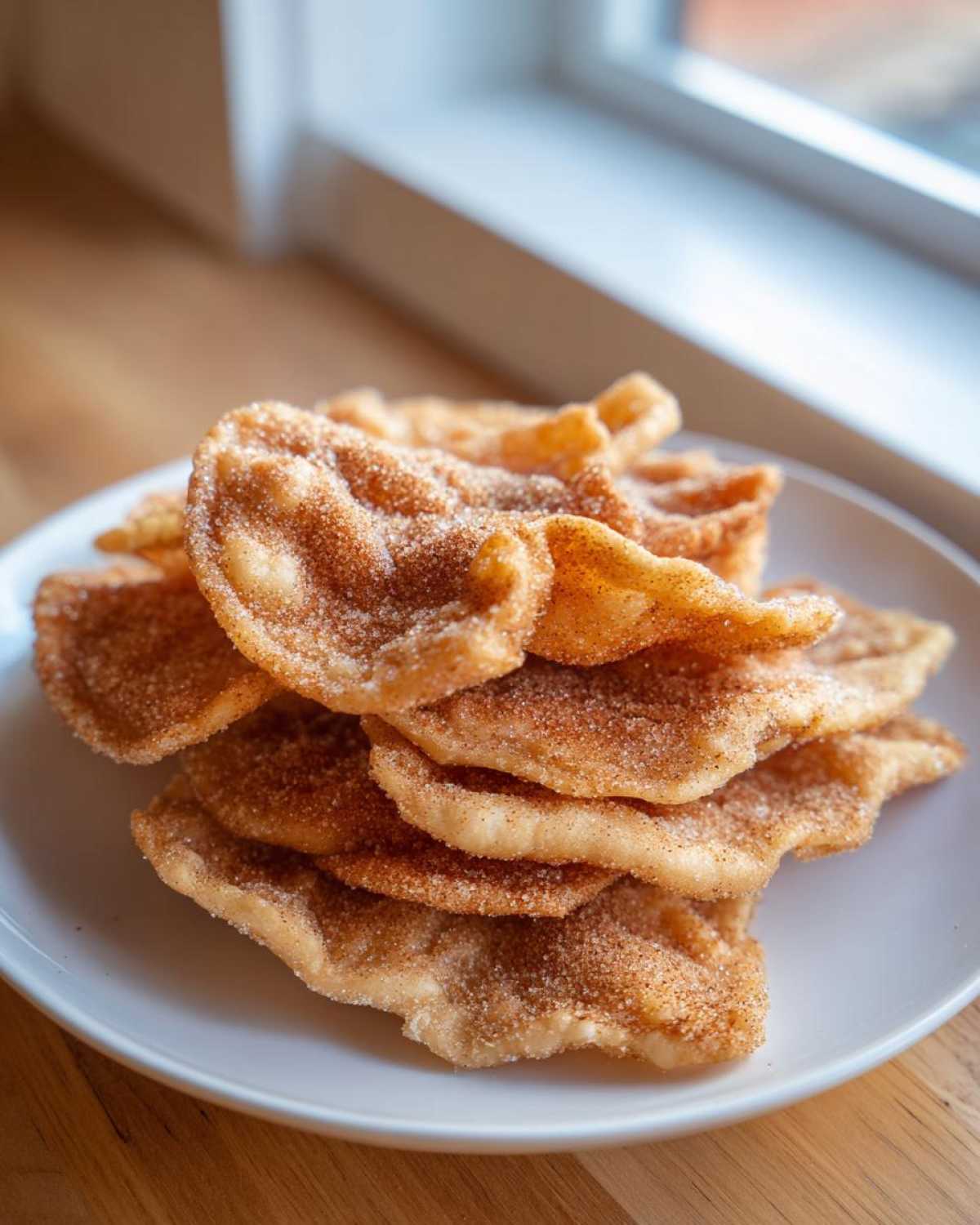 A stack of crispy, golden buñuelos generously coated in cinnamon sugar, resting on a white plate near a window.