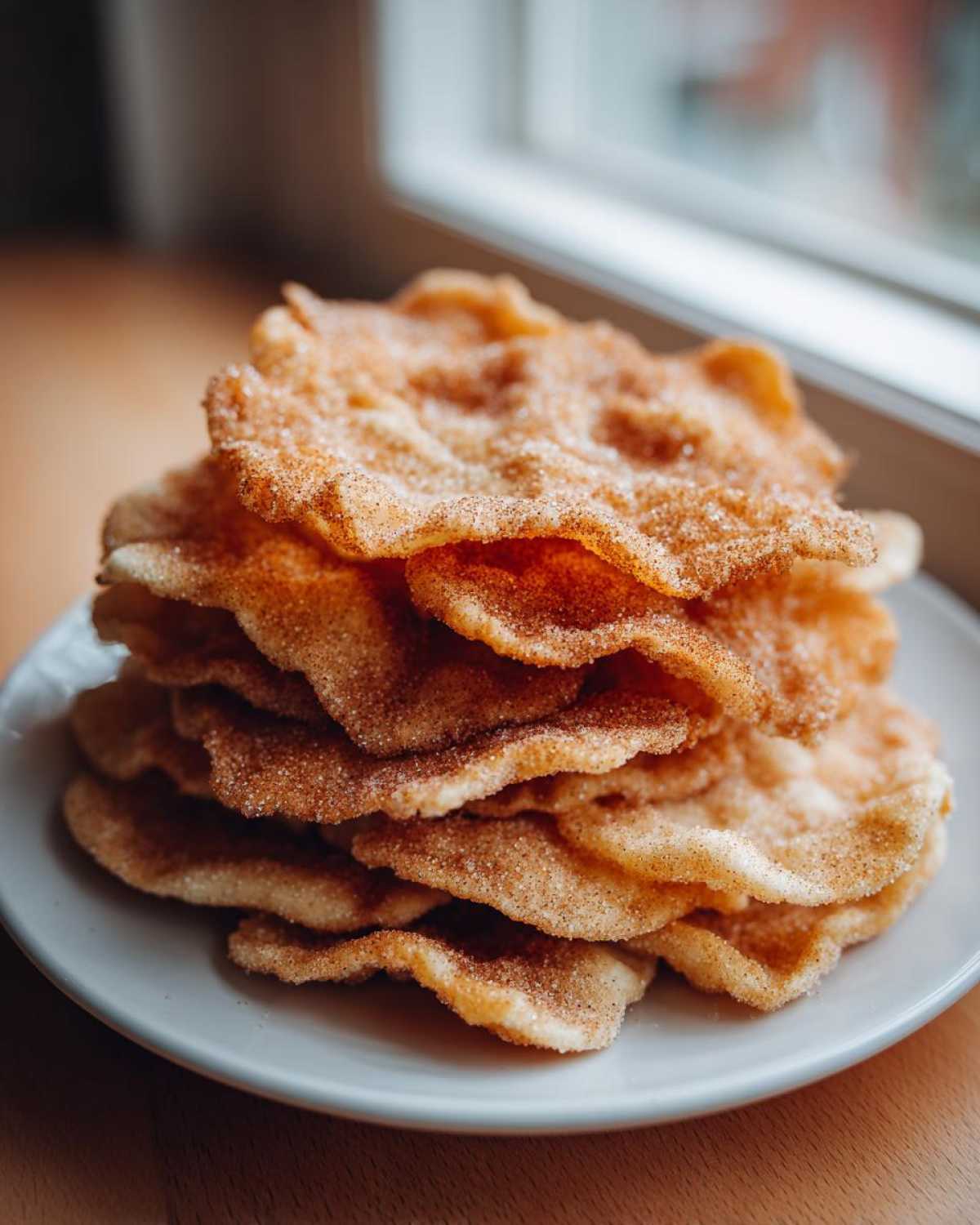 A tall stack of freshly made, crispy buñuelos dusted generously with cinnamon sugar.