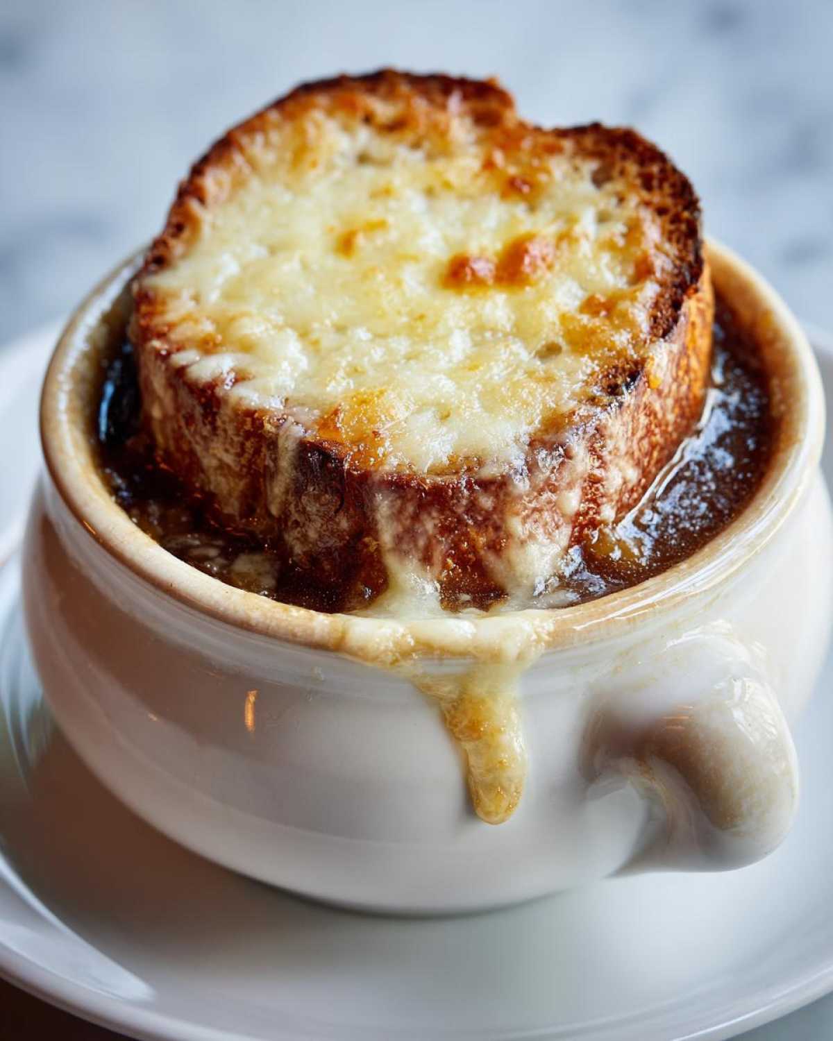 Close-up of a classic french onion soup recipe bowl topped with a thick, broiled Gruyère cheese crust.