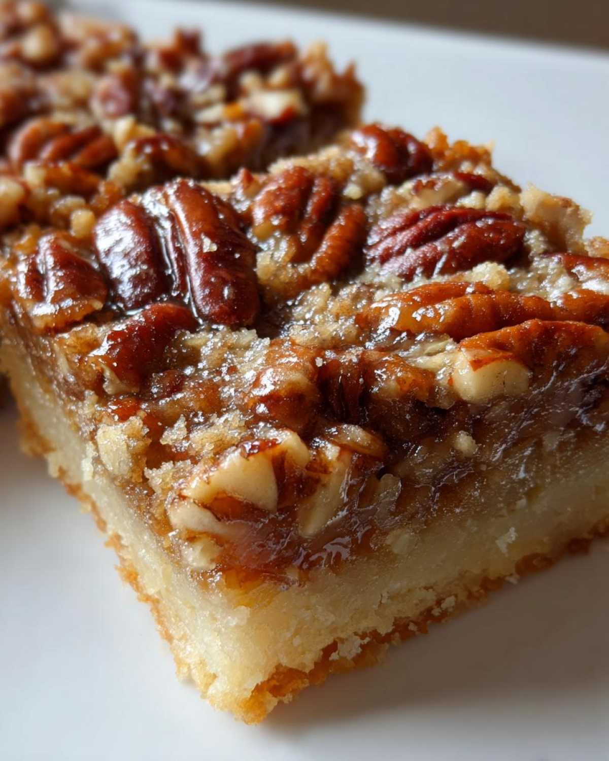 A close-up, macro shot of a single, thick pecan pie bars slice showing the buttery crust and gooey pecan topping.
