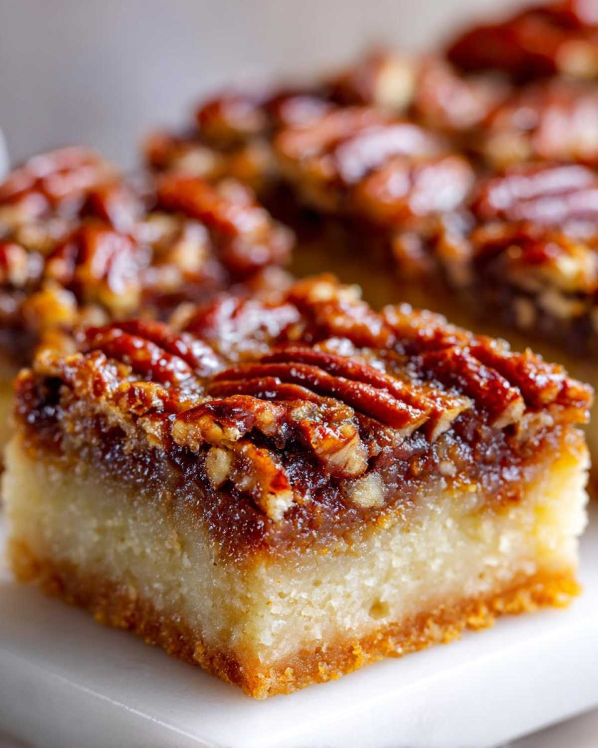 A close-up, macro shot of a single, perfectly cut square of pecan pie bars showing the thick shortbread crust and gooey pecan topping.