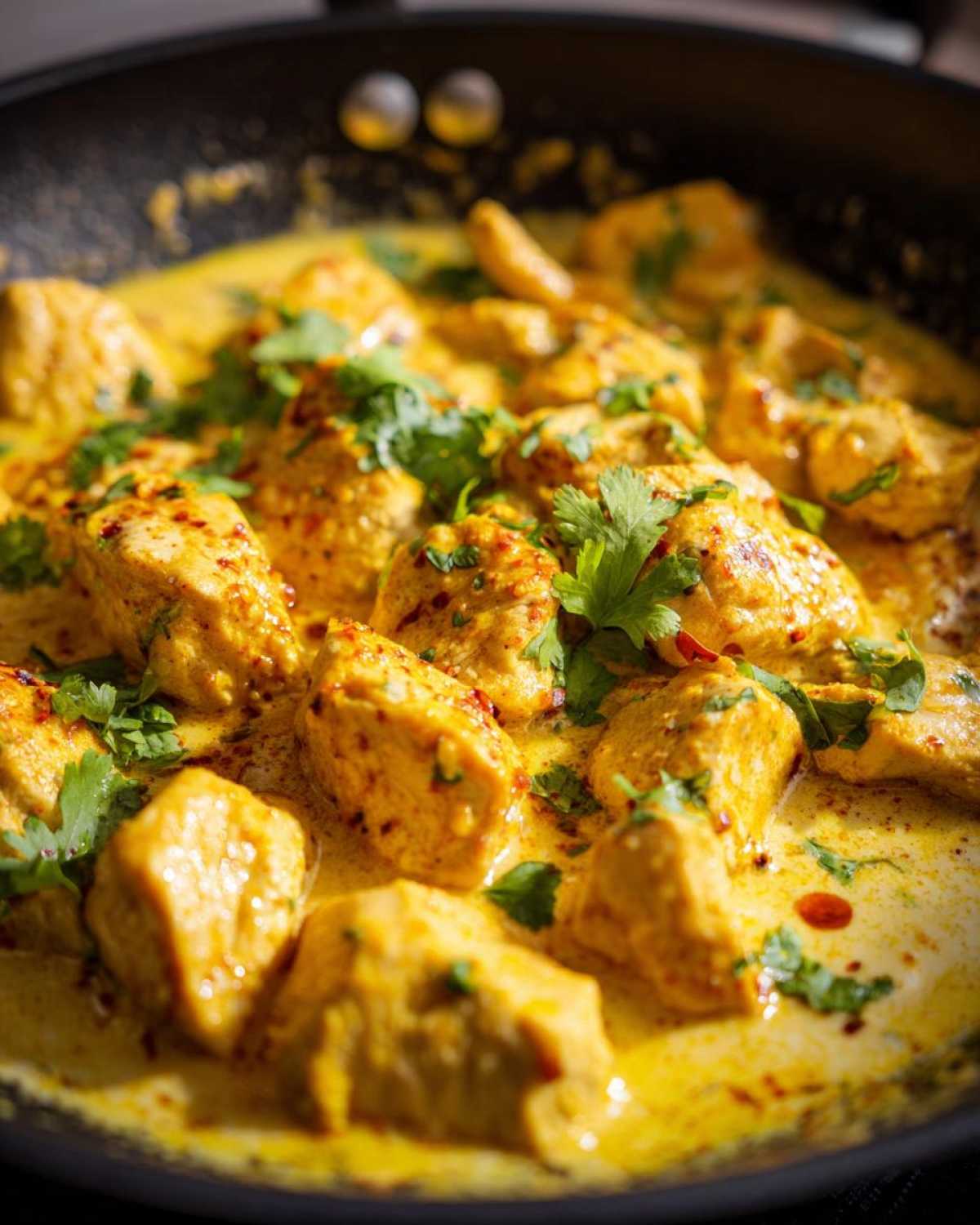 Close-up of tender chunks of coconut lime chicken simmering in a rich, yellow, creamy sauce, garnished with fresh cilantro.