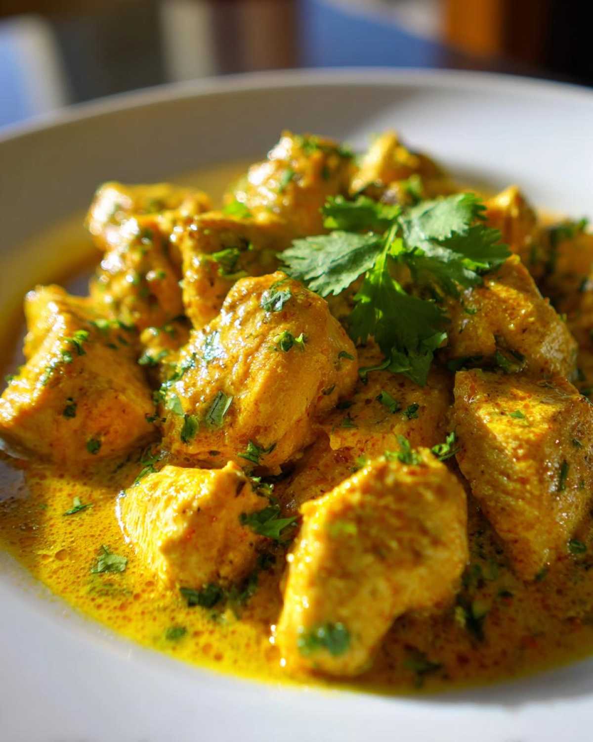 Close-up of tender chunks of coconut lime chicken coated in a vibrant yellow, creamy sauce and garnished with fresh cilantro.