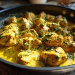 Close-up of delicious coconut lime chicken pieces simmering in a rich, yellow sauce and garnished with fresh cilantro.