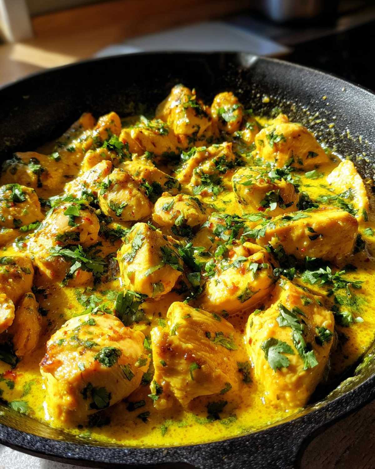 Close-up of cubed chicken pieces simmering in a rich, yellow coconut lime chicken sauce, garnished with fresh cilantro.