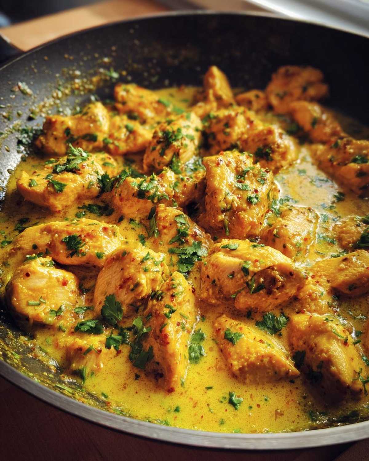Close-up of juicy chicken pieces simmering in a rich, yellow coconut lime chicken sauce, garnished with fresh cilantro.