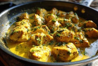 Close-up of delicious coconut lime chicken pieces simmering in a rich, yellow sauce and garnished with fresh cilantro.