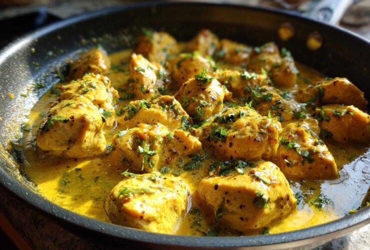 Close-up of delicious coconut lime chicken pieces simmering in a rich, yellow sauce and garnished with fresh cilantro.