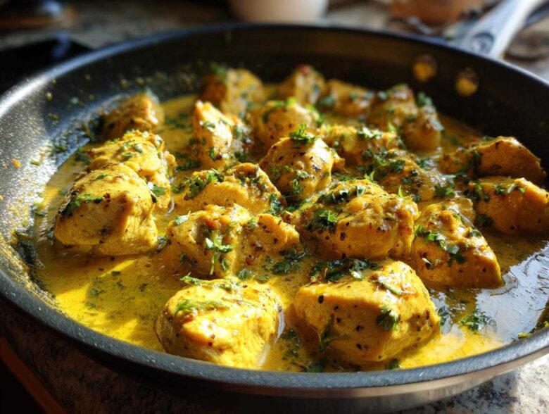 Close-up of delicious coconut lime chicken pieces simmering in a rich, yellow sauce and garnished with fresh cilantro.