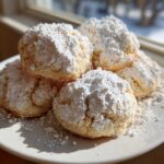 A stack of freshly baked Cool Whip cookies heavily dusted with powdered sugar on a white plate near a window.