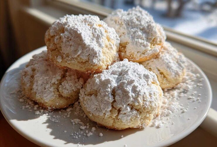 A stack of freshly baked Cool Whip cookies heavily dusted with powdered sugar on a white plate near a window.