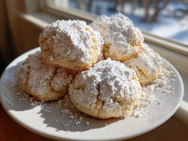 A stack of freshly baked Cool Whip cookies heavily dusted with powdered sugar on a white plate near a window.