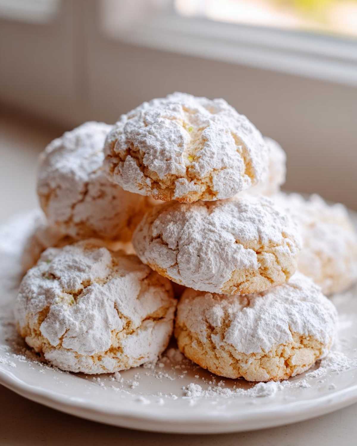 A stack of freshly baked Cool Whip cookies heavily coated in powdered sugar resting on a white plate.