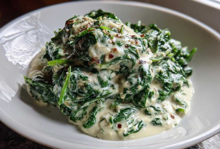Close-up of a generous serving of rich creamed spinach recipe topped with red pepper flakes in a white bowl.