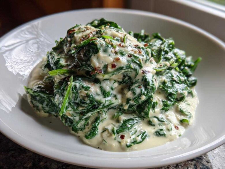 Close-up of a generous serving of rich creamed spinach recipe topped with red pepper flakes in a white bowl.