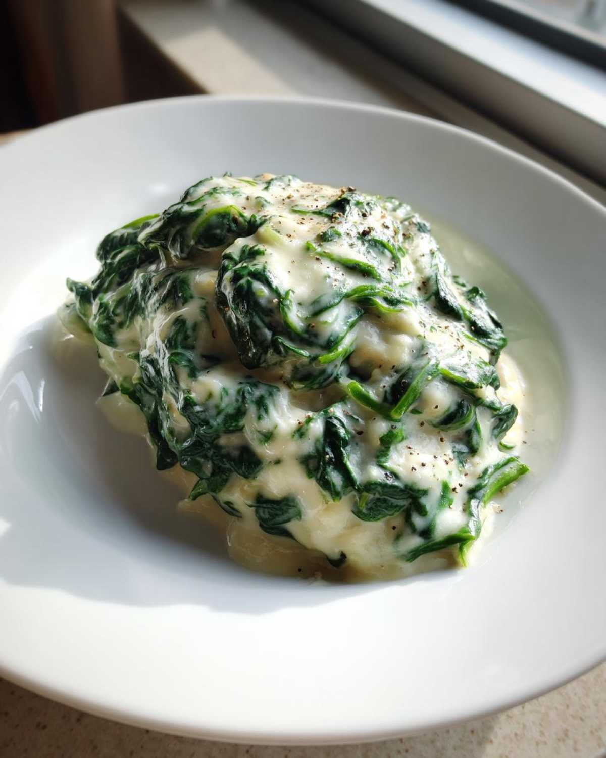 A close-up of a generous serving of homemade creamed spinach recipe topped with cracked black pepper in a white bowl.