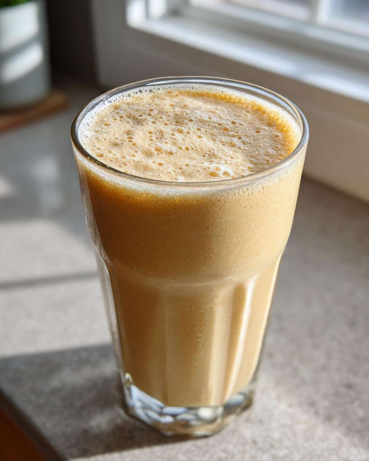 Close-up of a thick, creamy banana smoothie filling a tall glass, ready to drink.