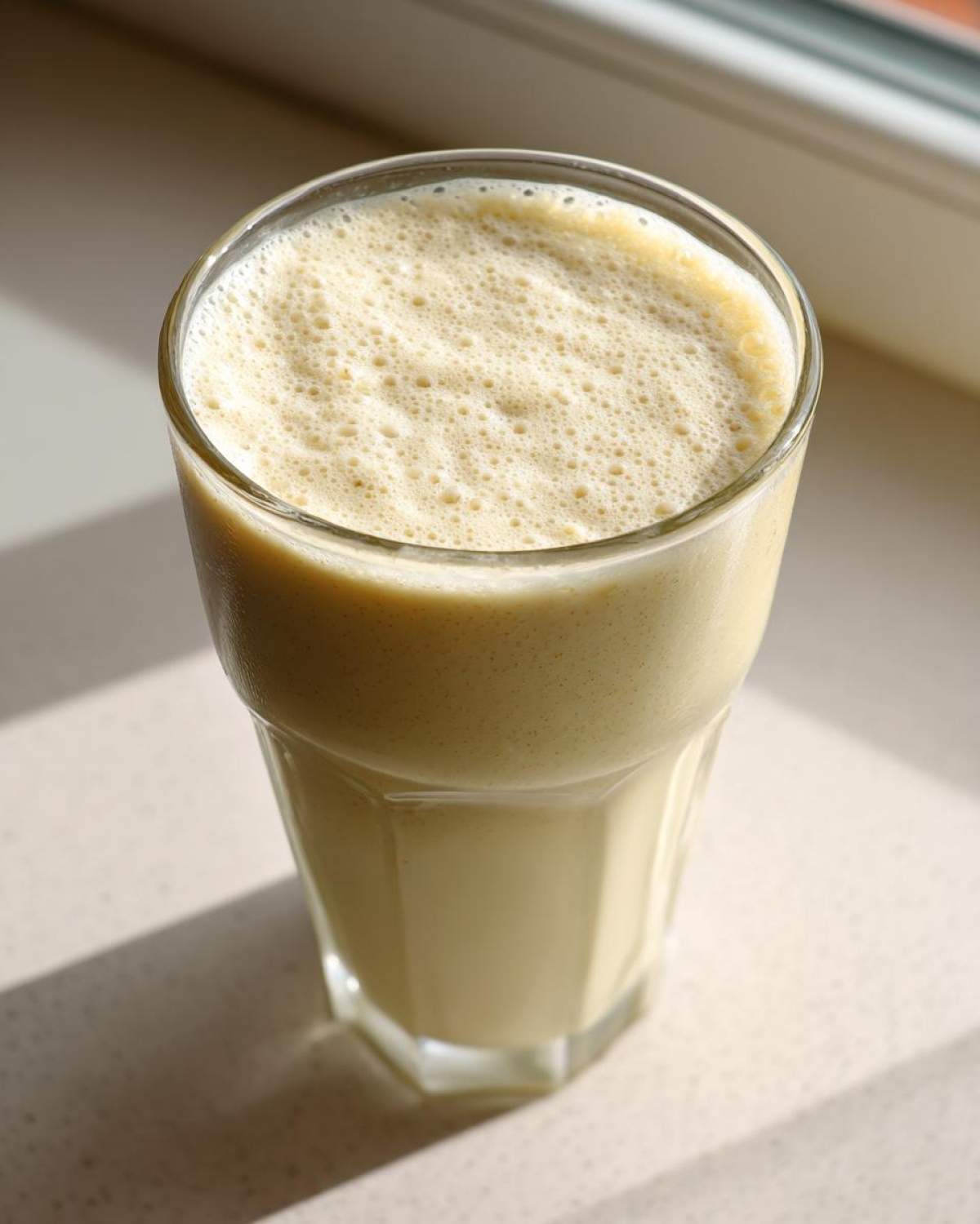 Close-up of a tall glass filled with a creamy, frothy banana smoothie, illuminated by sunlight.