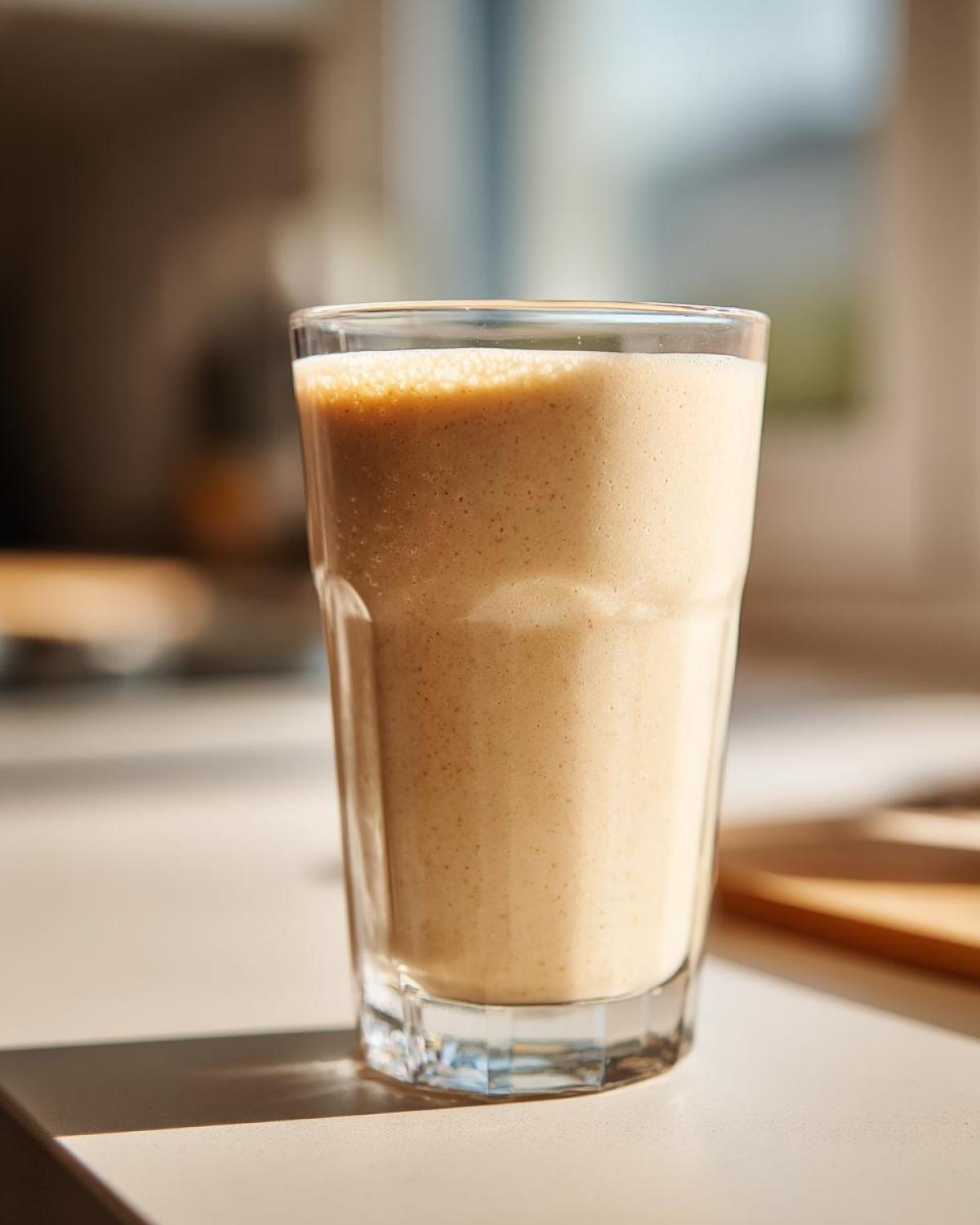 A tall glass filled with a thick, creamy banana smoothie, catching bright morning light.
