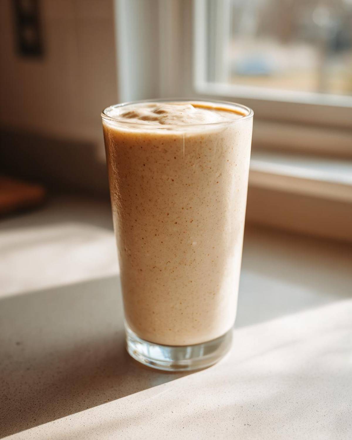 A tall glass filled with a thick, creamy banana smoothie sitting on a sunlit countertop.