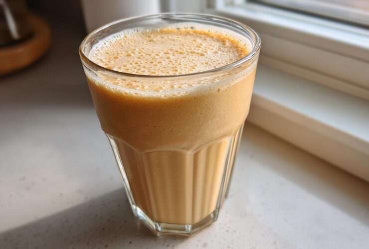 A close-up of a creamy, frothy banana smoothie served in a textured glass, sitting on a light countertop near a window.