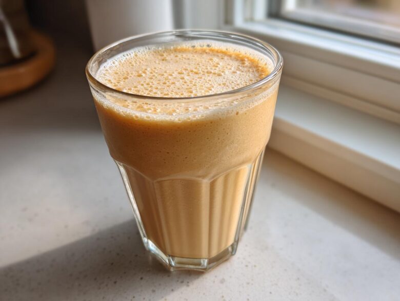 A close-up of a creamy, frothy banana smoothie served in a textured glass, sitting on a light countertop near a window.