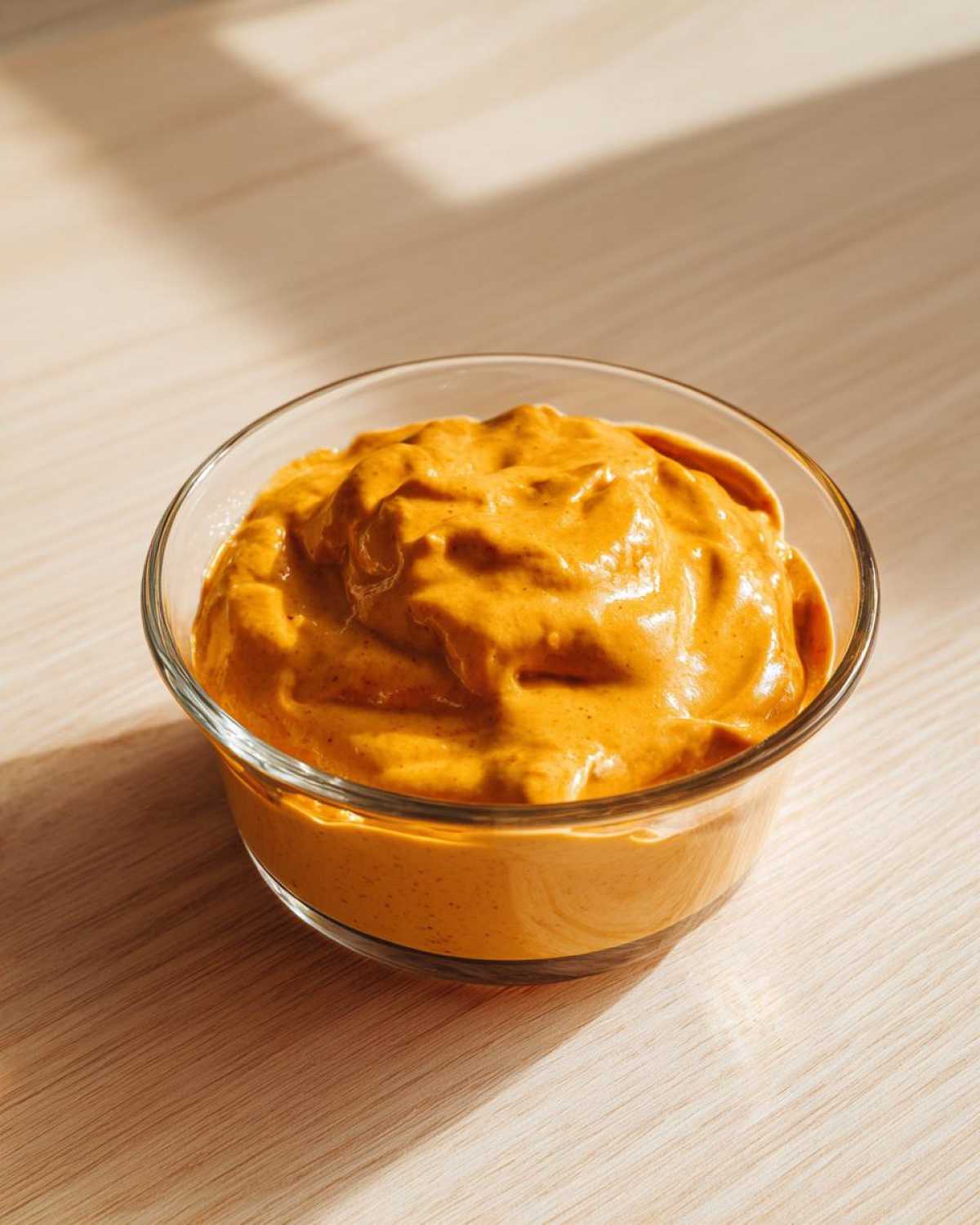 A small glass bowl filled with thick, vibrant orange beer cheese dip, sitting on a light wooden surface.