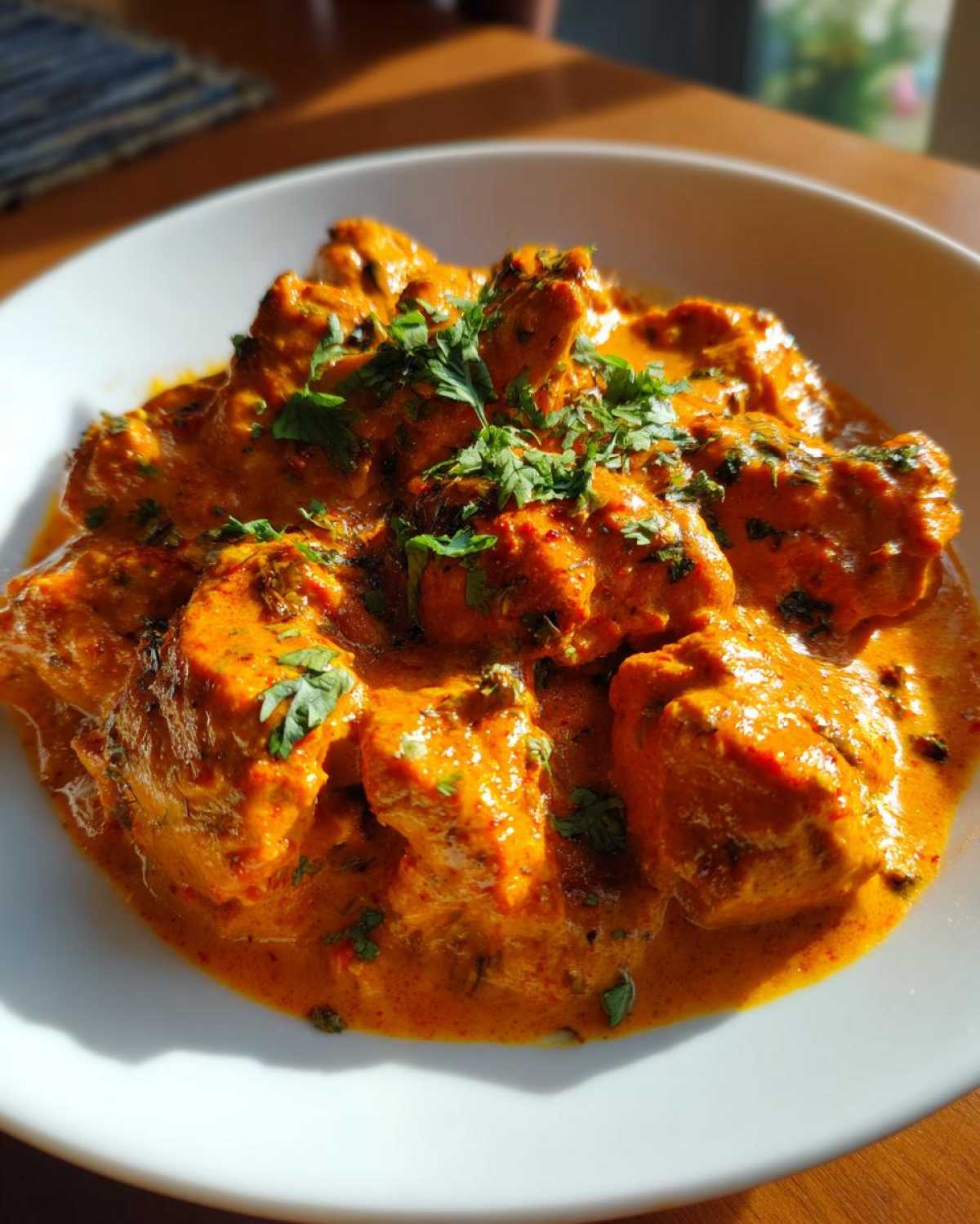 A close-up shot of rich, orange-red butter chicken pieces swimming in creamy sauce, garnished with fresh cilantro.