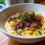 Close-up of a creamy corn chowder recipe topped generously with crispy bacon bits and fresh chives.