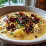 A close-up of a creamy corn chowder recipe bowl, garnished generously with crispy bacon bits and fresh chives.