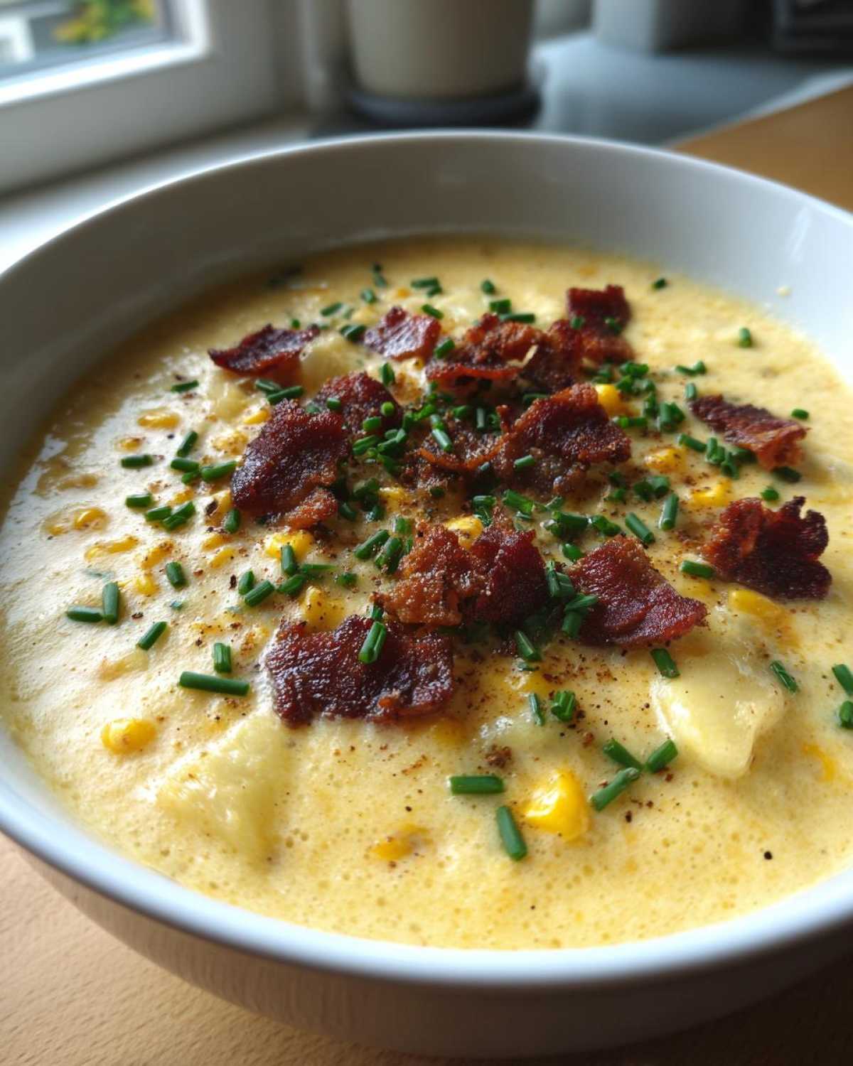 Close-up of a bowl of creamy corn chowder recipe, garnished generously with crispy bacon bits and fresh chives.