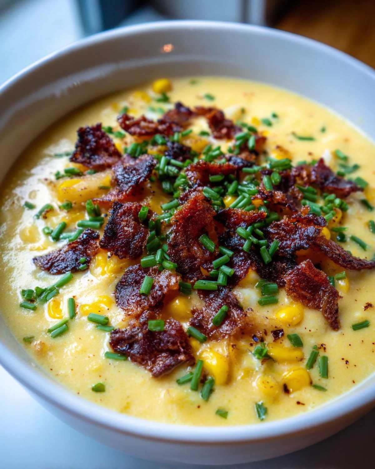 Close-up of a bowl of creamy corn chowder recipe topped generously with crispy bacon bits and fresh chopped chives.