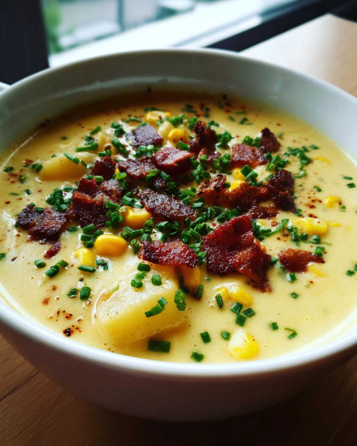 Close-up of a bowl of creamy corn chowder recipe, topped generously with crispy bacon bits and fresh chives.