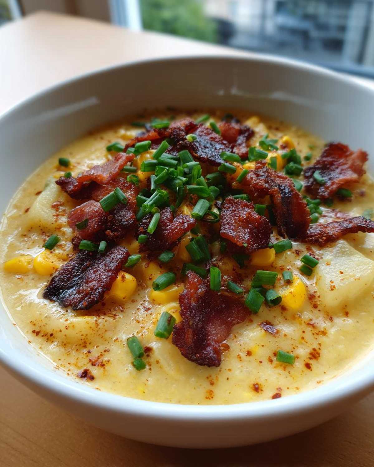 Close-up of a bowl of creamy corn chowder recipe topped generously with crispy bacon bits and fresh chopped chives.