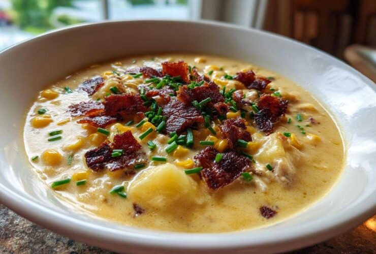 A close-up of a creamy corn chowder recipe bowl, garnished generously with crispy bacon bits and fresh chives.