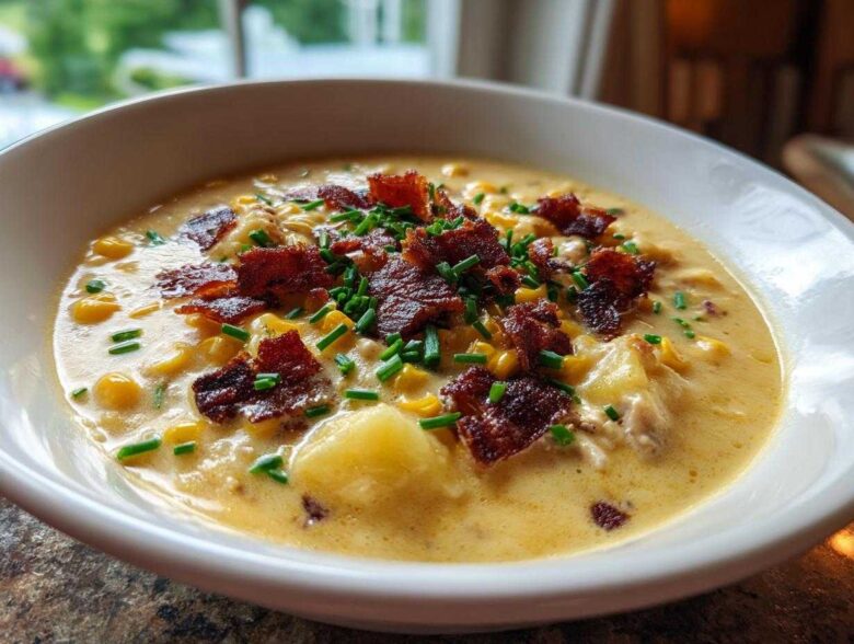 A close-up of a creamy corn chowder recipe bowl, garnished generously with crispy bacon bits and fresh chives.