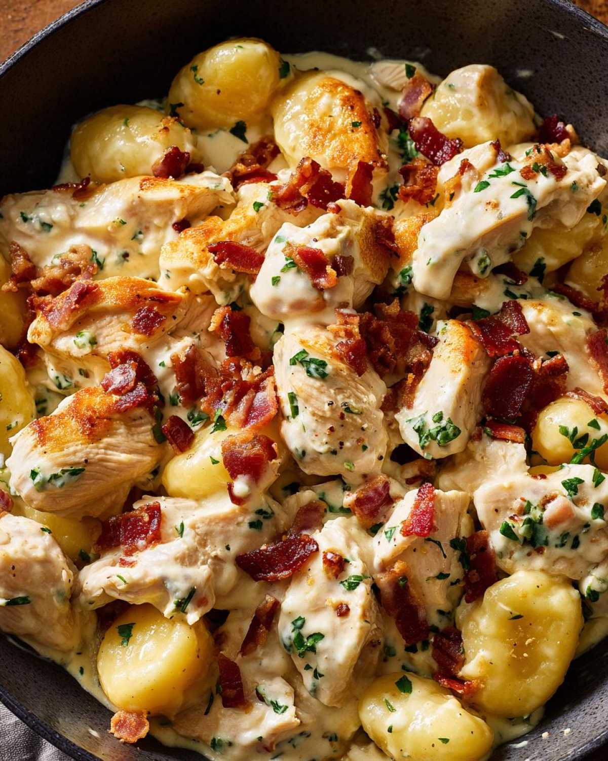 A close-up view of creamy crack chicken gnocchi, featuring tender chicken, potato gnocchi, and crispy bacon bits in a rich sauce.