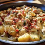 Close-up of creamy crack chicken gnocchi dish featuring chunks of chicken, potato gnocchi, and bacon bits in a rich sauce.