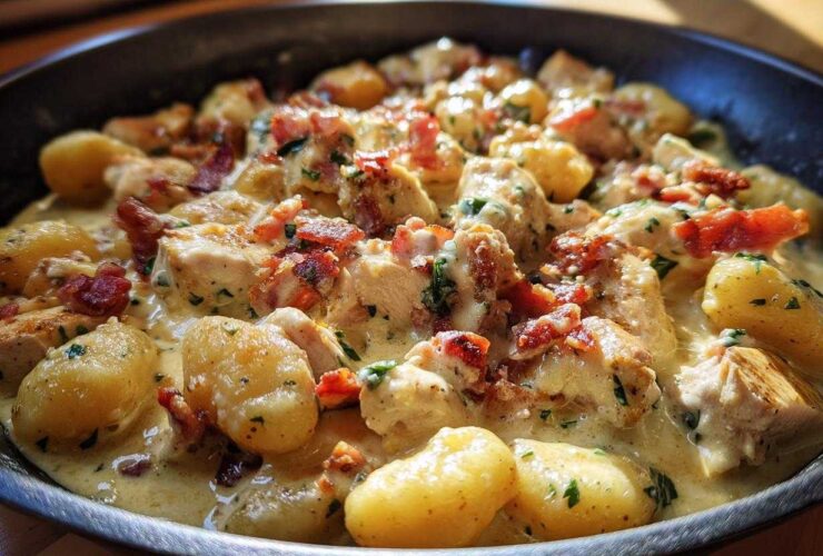Close-up of creamy crack chicken gnocchi dish featuring chunks of chicken, potato gnocchi, and bacon bits in a rich sauce.