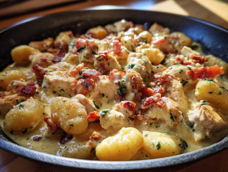 Close-up of creamy crack chicken gnocchi dish featuring chunks of chicken, potato gnocchi, and bacon bits in a rich sauce.
