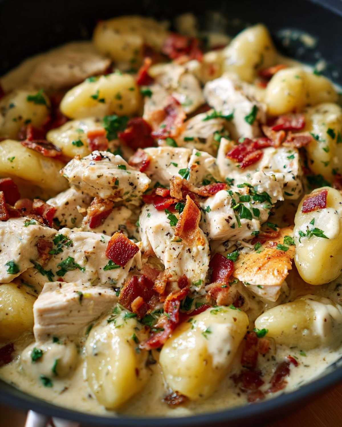 Close-up of tender chicken pieces and soft gnocchi coated in a rich sauce, topped with bacon bits for creamy crack chicken gnocchi.