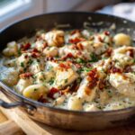 Close-up of creamy crack chicken gnocchi dish featuring chunks of chicken, soft gnocchi, and bacon bits in a rich sauce.