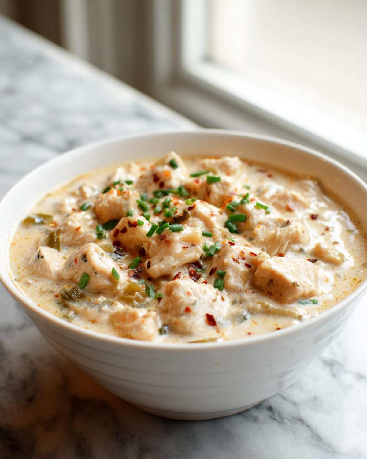 A close-up of a white bowl filled with creamy crockpot white chicken chili, topped with chives and red pepper flakes.