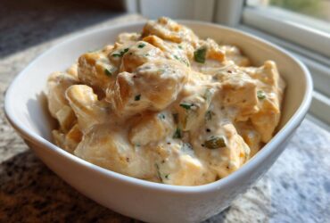 Close-up of creamy crockpot white chicken chili chunks coated in a rich sauce with visible green peppers.